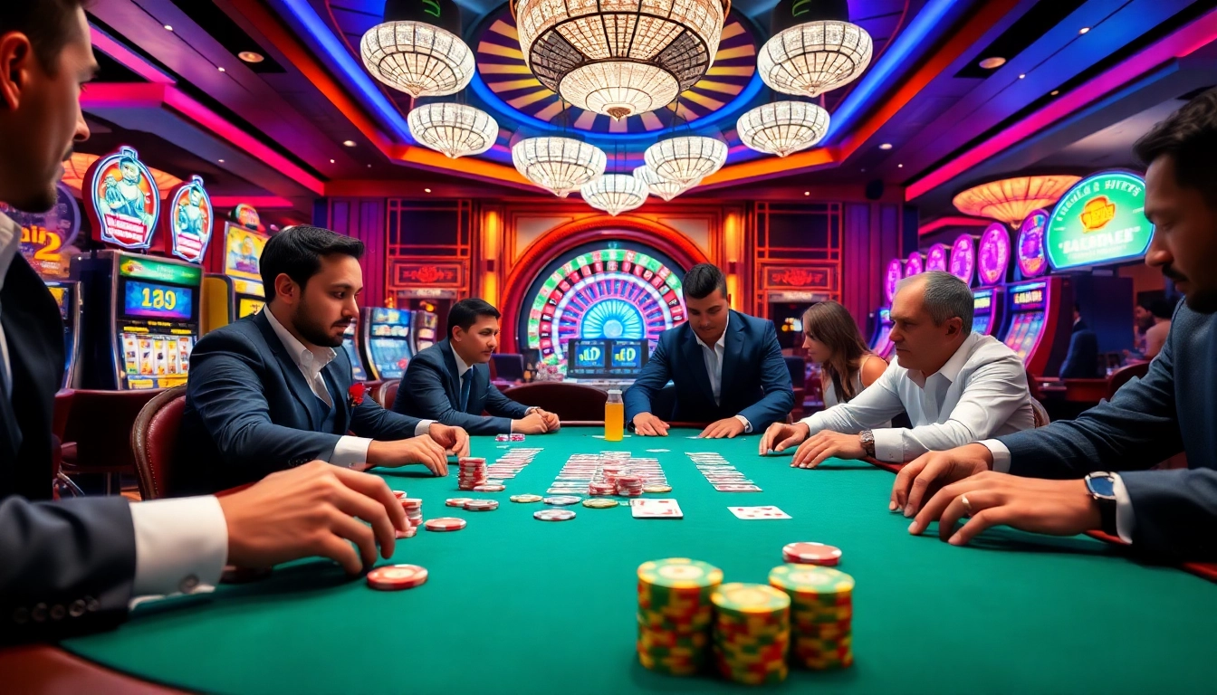 Engaging poker game at RR88 KJC casino featuring excited players and vibrant chips.