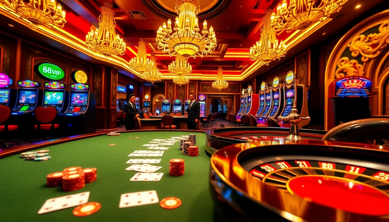A thrilling gambling scene at 68VIP.COM featuring poker chips, cards, and a roulette wheel.