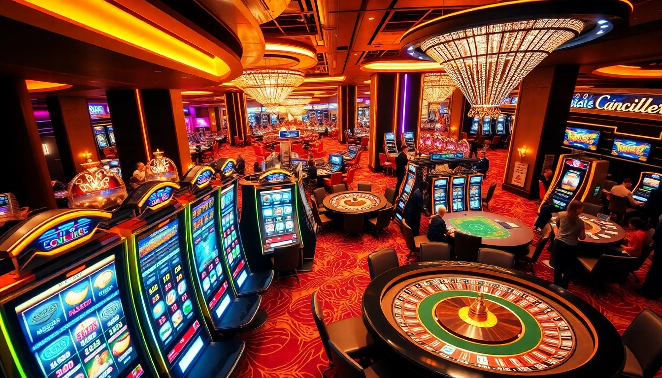 Gamblers enjoying the exciting idnslot experience at a vibrant casino, filled with slot machines and thrilling gameplay.