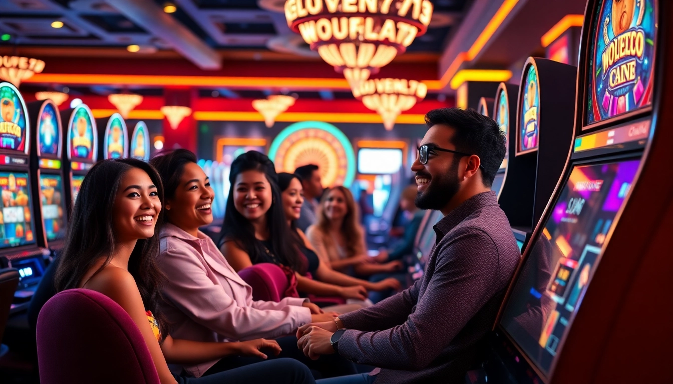 Experience thrill at slot777 with players engaged at colorful slot machines.